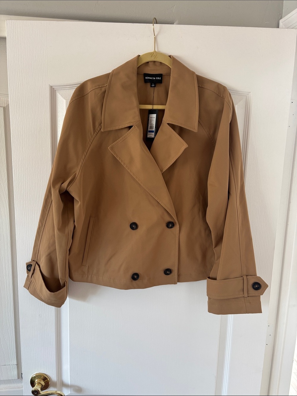 NWT Kenneth Cole Women’s Tan Cropped Double-Breasted Trench Jacket SZ XL